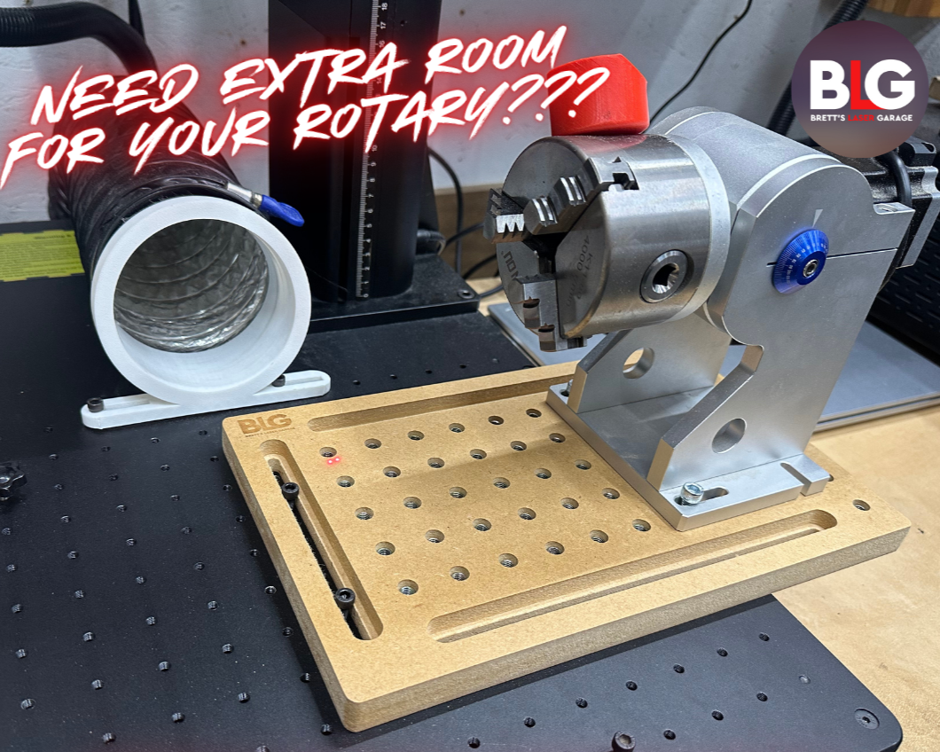 Galvo Laser Extension Plate with text asking for extra room for rotary on a workshop background