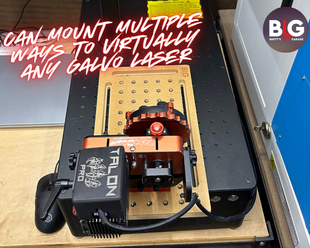 Galvo Laser Extension Plate with text about mounting capabilities on a wooden surface.