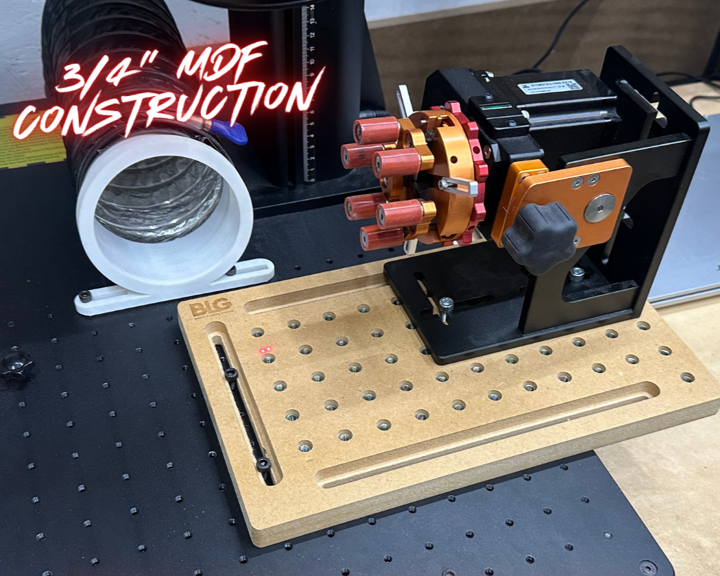 Galvo Laser Extension Plate with text indicating 3/4" MDF construction on a workshop background.