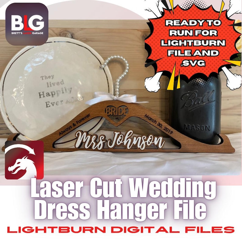 Laser Cut Wedding Dress Hanger Digital Lightburn File - Weddings, Bridesmaid gifts - Thunder Laser, Xtool, Laser Engraving File
